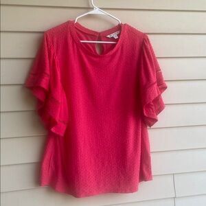 Coral pink Ruffle Sleeve Blouse, Swiss dot pattern, size xl